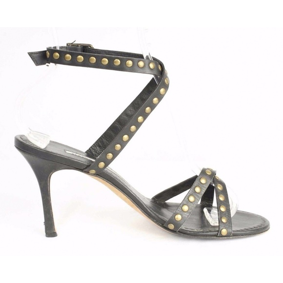 Manolo Blahnik Black Studded Leather Sandals - Picture 2 of 8